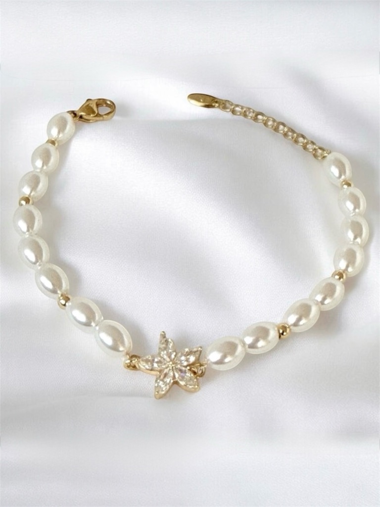 Pearl Bracelet With Cubic Zirconia Lotus Charm 14k Gold Plated Dainty Jewelry 34$